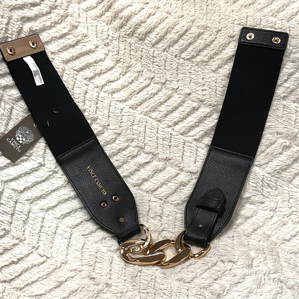 Vince Camuto Statement Belt Black Stretch Gold Chain,  Snaps in Back, S/M NWT